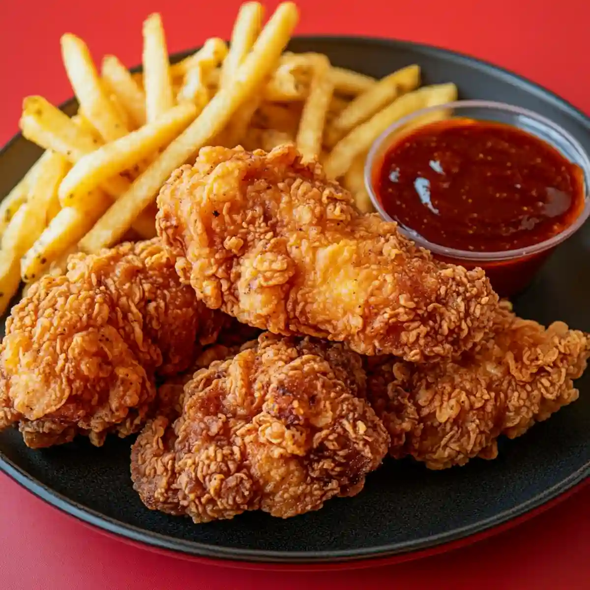 A image of crispy chicken nuggets- paired with French fires and sauzzy sauces special sauce- the best low calorie special sauce with the most unique flavours- on a black plate. 
