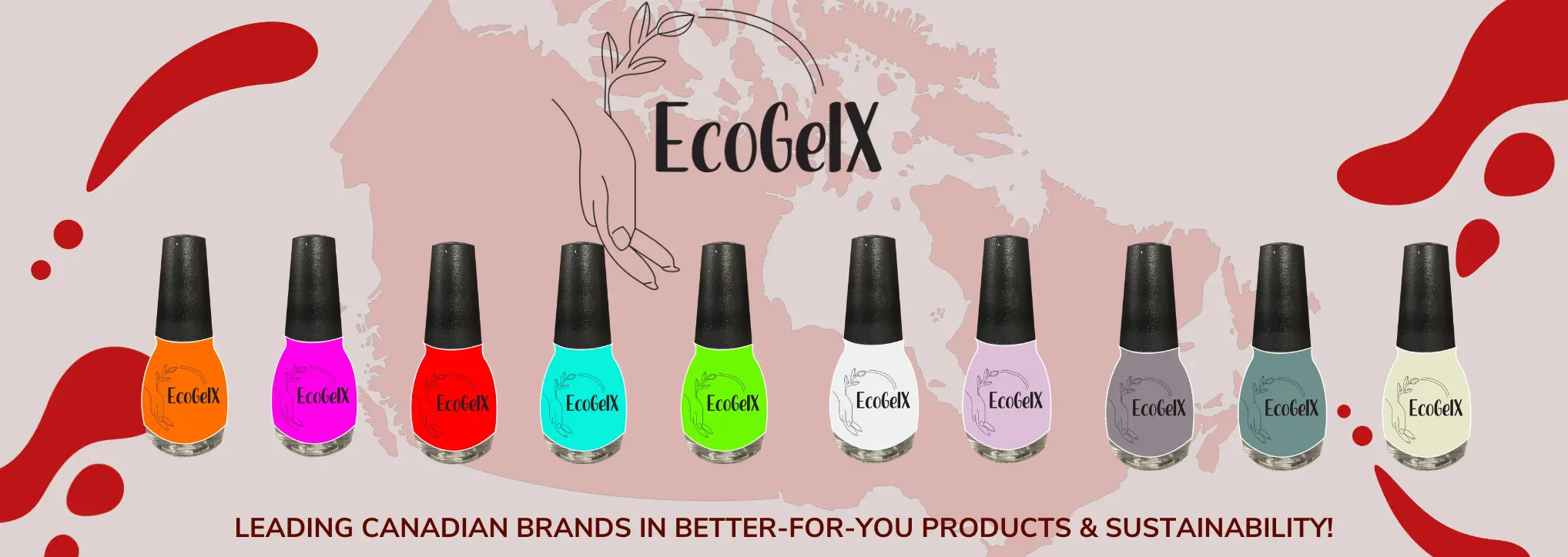 Sauzzy Sauce X EcoGelX Collaboration image- featuring the sauzzy sauce and eco gelx brights nailpolish lineup - with Canadian map in the background