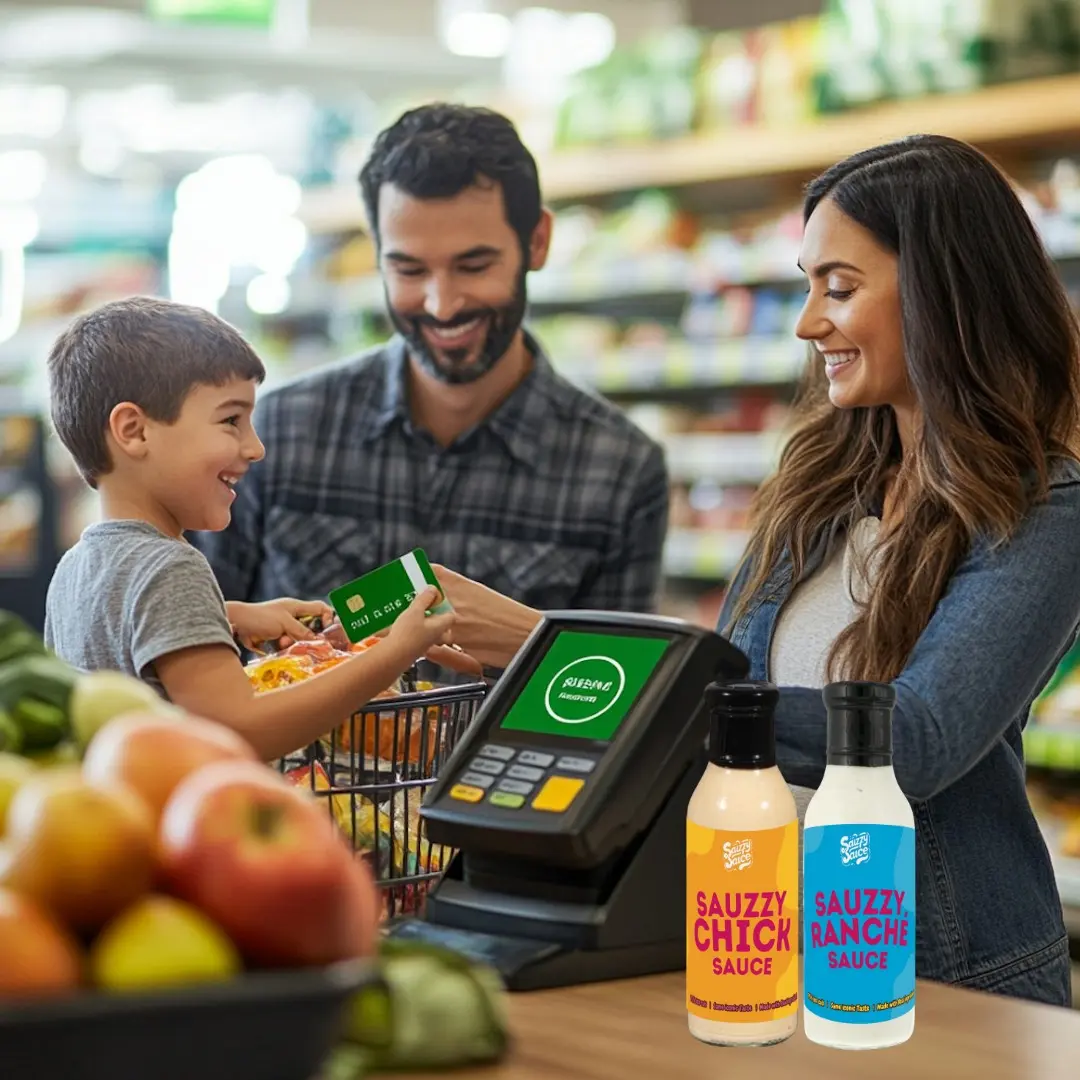 A young family buying Sauzzy Sauce in Canada- at a grocery store to make healthy eating choices