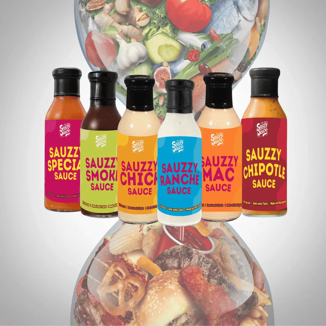 An image showing healthy ingredients going into Sauzzy Sauce bottles, with greens going into the lineup of Sauzzy sauces standing on top of processed foods