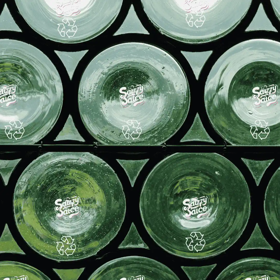 image of sauzzy sauces glass bottle- eco friendly bottles- empty looking as a window into nature