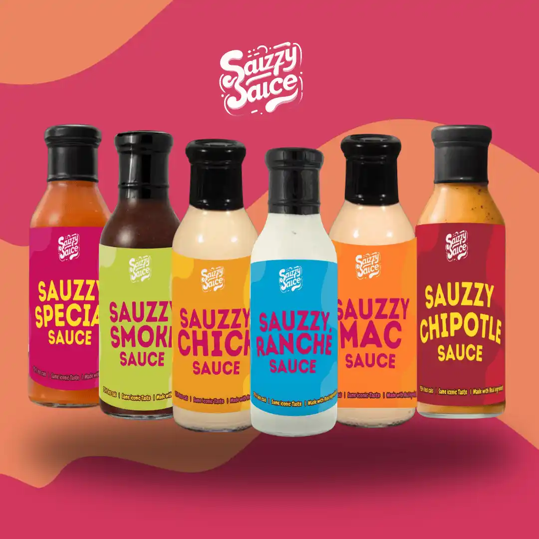 Sauzzy Sauce - Sauce Lineup image showing all 6 of Sauzzy Sauces original sauces - Sauzzy Chick Sauce, Sauzzy Smoke Sauce, Sauzzy Special Sauce, Sauzzy Smoke Sauce, Sauzzy Ranche against a pink and orange swirly background