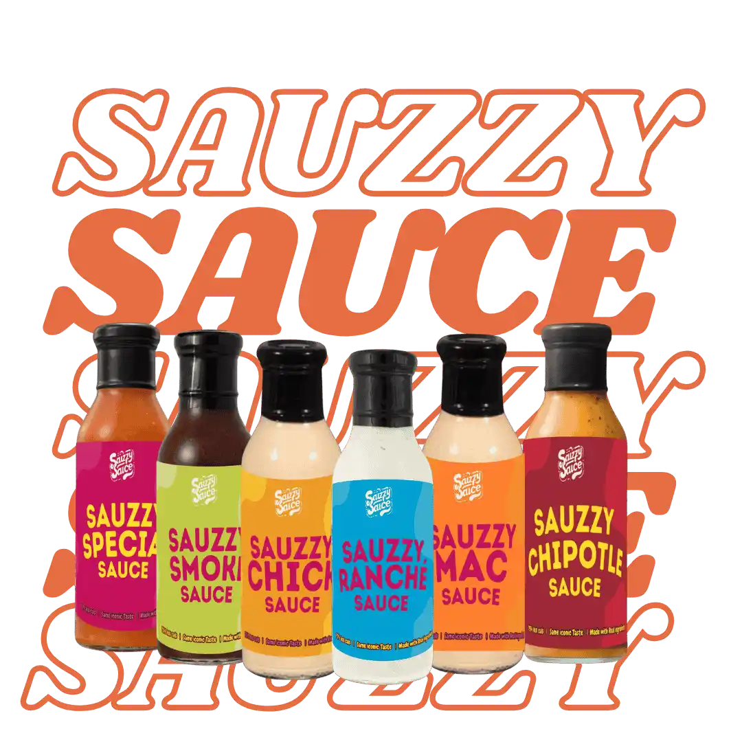 
Sauzzy Sauce - Sauce Lineup image showing all 6 of Sauzzy Sauces original sauces - Sauzzy Chick Sauce, Sauzzy Smoke Sauce, Sauzzy Special Sauce, Sauzzy Smoke Sauce, Sauzzy Ranche 
