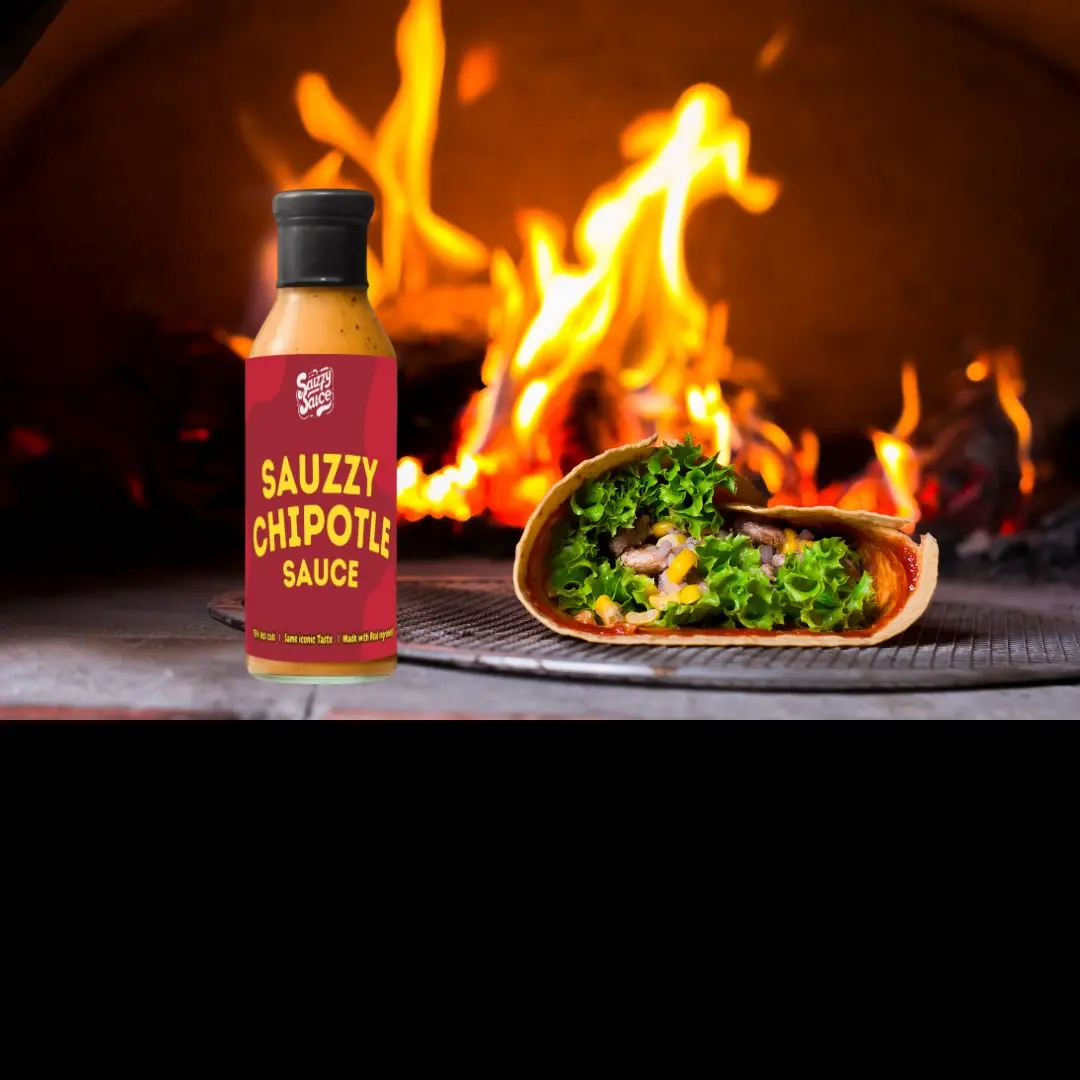 Sauzzy Chipotle Sauce beside a Mexican taco and a fire background to show the heat