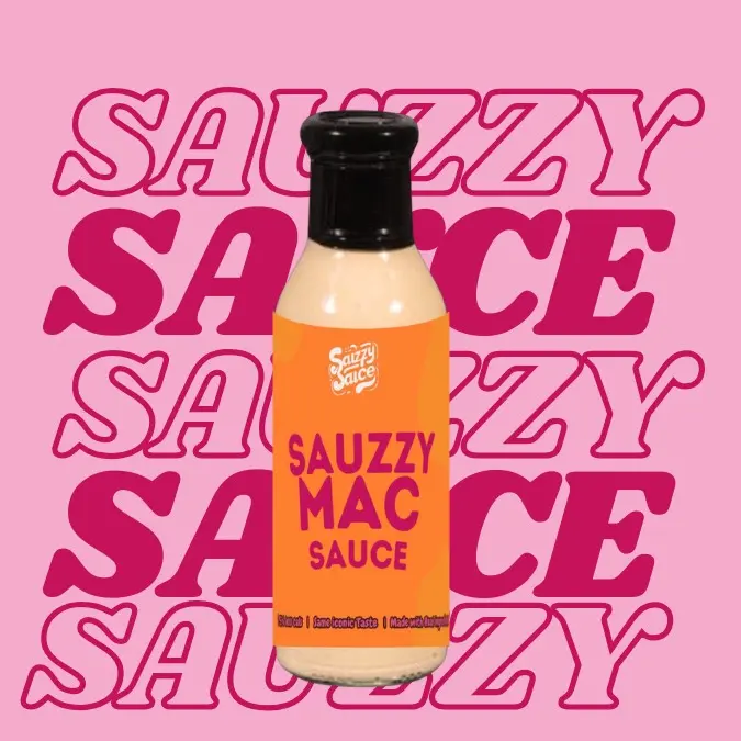 A image of a bottle of Sauzzy Mac Sauce- the best low calorie McDonalds Big Mac sauce- that has the same iconic taste and is made with high quality ingredients. It’s packaged in Sauzzy Sauces eco-friendly 100% recycled glass bottles and packaging and is being shown against a background 'Sauzzy Sauce'