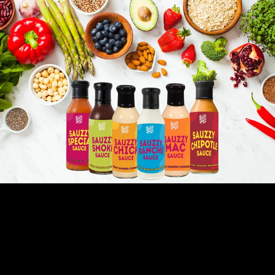 Sauzzy Sauce lineup with healthy whole foods above