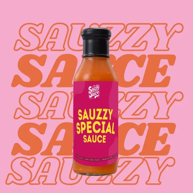A image of a bottle of Sauzzy Special Sauce the best low calorie Special sauce- that tastes great and is made with high quality ingredients. Its packaged in Sauzzy Sauces eco-friendly 100% recycled glass bottles and packaging and is being shown against a background 'Sauzzy Sauce'