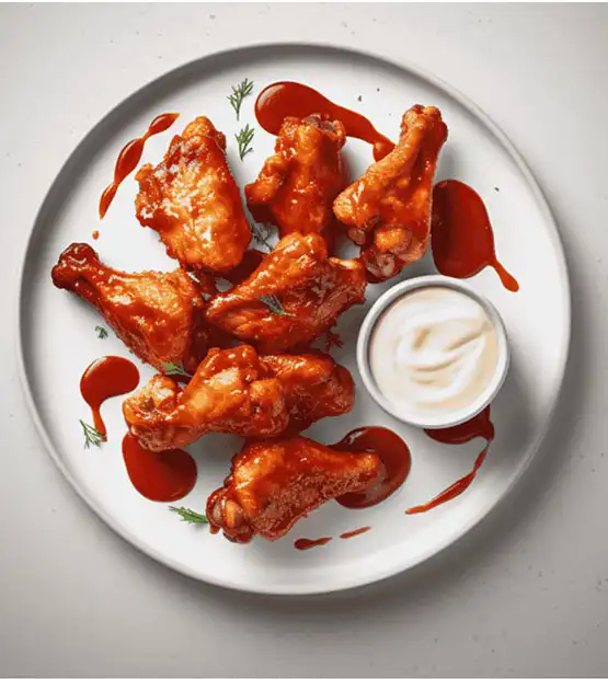 Sauzzy Sauce lineup with wings on the backside of a healthy food diagram